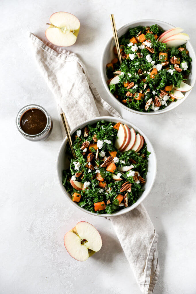 How to Make Healthy Massaged Kale Salad with Roasted Butternut Squash and Balsamic