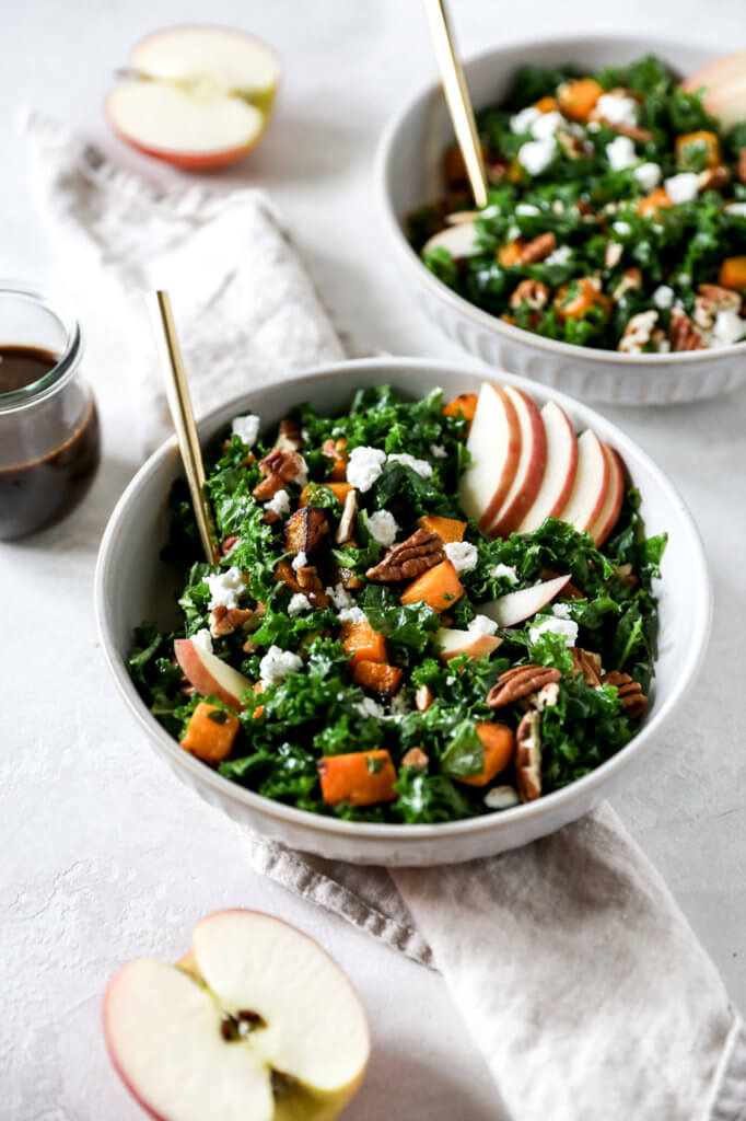 Healthy Massaged Kale Salad with Roasted Butternut Squash and Balsamic