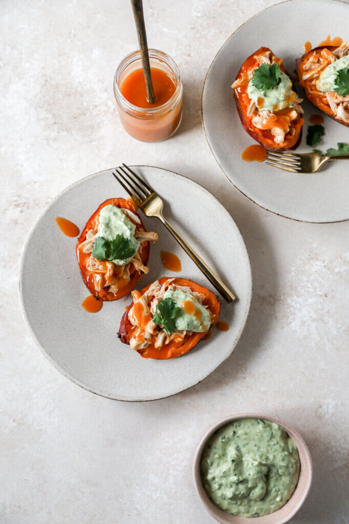 Buffalo Chicken Stuffed Sweet Potatoes with Creamy Avocado Sauce: Jessi's Kitchen