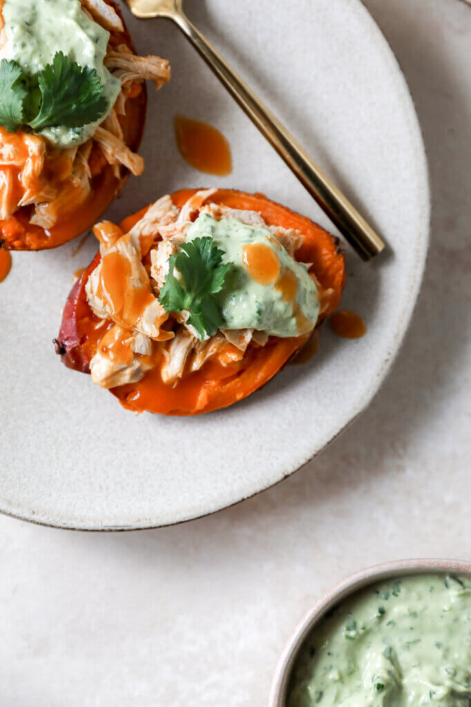 Buffalo Chicken Stuffed Sweet Potatoes with Creamy Avocado Sauce: Jessi's Kitchen