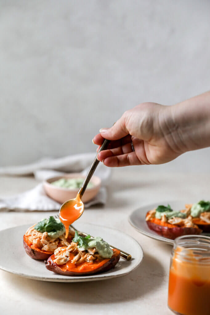 Buffalo Chicken Stuffed Sweet Potatoes with Creamy Avocado Sauce: Jessi's Kitchen