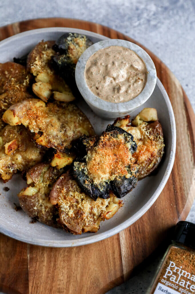 Crispy Parmesan Smashed Potatoes with Chipotle Ranch Dip