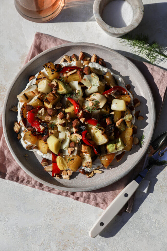 Grilled Leek and Beet Salad with Lemon Dill Yogurt Sauce