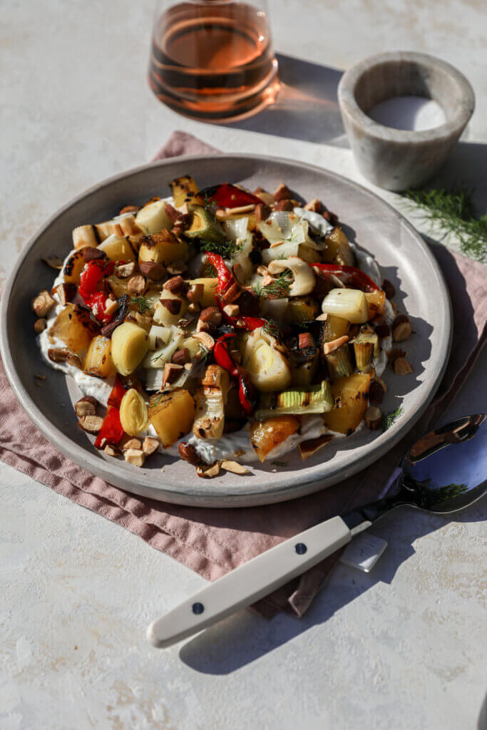 Grilled Leek and Beet Salad with Lemon Dill Yogurt Sauce