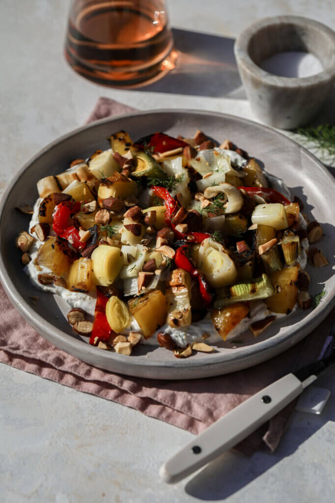 Grilled Leek and Beet Salad with Lemon Dill Yogurt Sauce