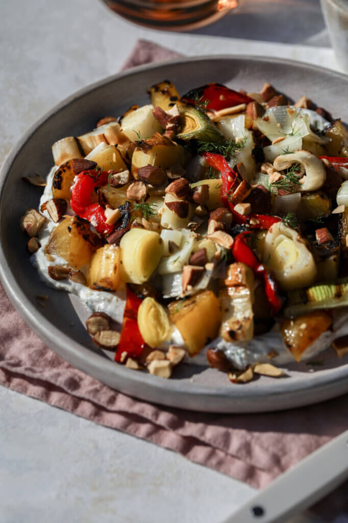 Grilled Leek and Beet Salad with Lemon Dill Yogurt Sauce